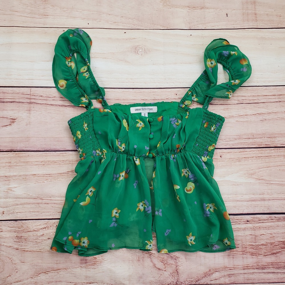 Urban Outfitters Shirt Womens Medium Green Floral Cami Top Smocked Ruffle Straps